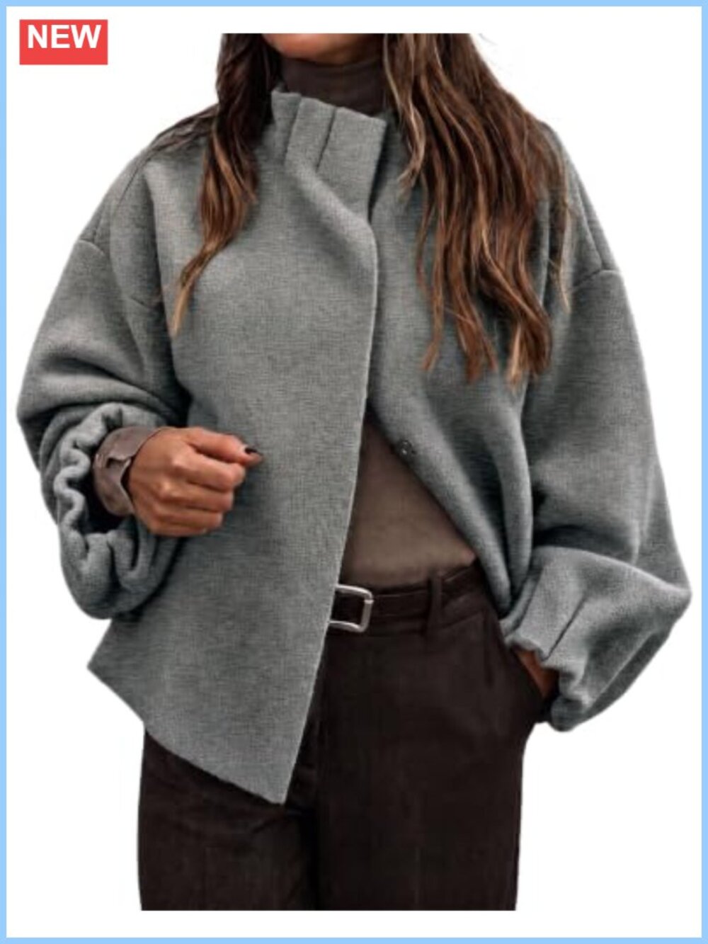 Womens Ruffle Mock Neck Balloon Sleeve Knit Cardigan Sweater
